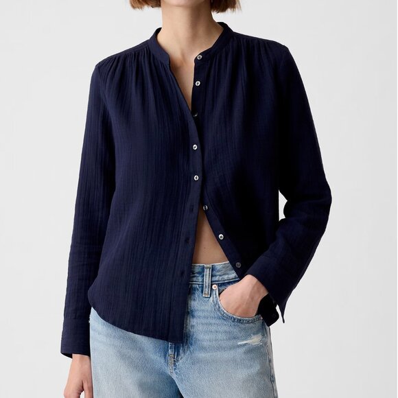 GAP Long Sleeve Crinkle Gauze Button Down Shirt Navy Blue NWT - Picture 1 of 5